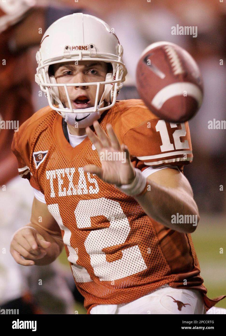 Texas freshman quarterback Colt McCoy makes the pitch during their 247