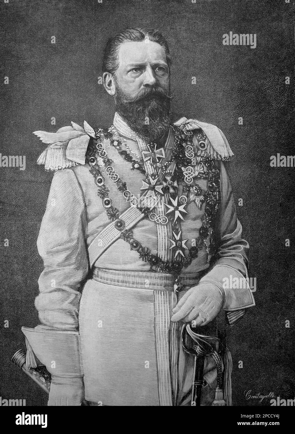 1888 , ALLEMAGNE : le Kaiser FREDERICK III ( 1831 - 1888 ) HOHENZOLLERN , père de Kaiser Wilhelm II ( Guglielmo II ) , roi de Prusse, empereur d'Allemagne ( 1859 - 1941 ) , petit-fils de la reine Victoria d'Angleterre . Gravure d'ILLUSTRAZIONE ITALIANA 1888. Frederick William (comme il était connu avant qu'il ait pris le trône) est né à Potsdam, le fils du prince Guillaume de Prusse et de la princesse Augusta de Saxe-Weimar. Son père était un frère plus jeune du roi Frederick William IV de Prusse . En 1858, Frederick William épousa la princesse Victoria (« Vicky ») de Grande-Bretagne et d'Irlande, l'aîné Banque D'Images