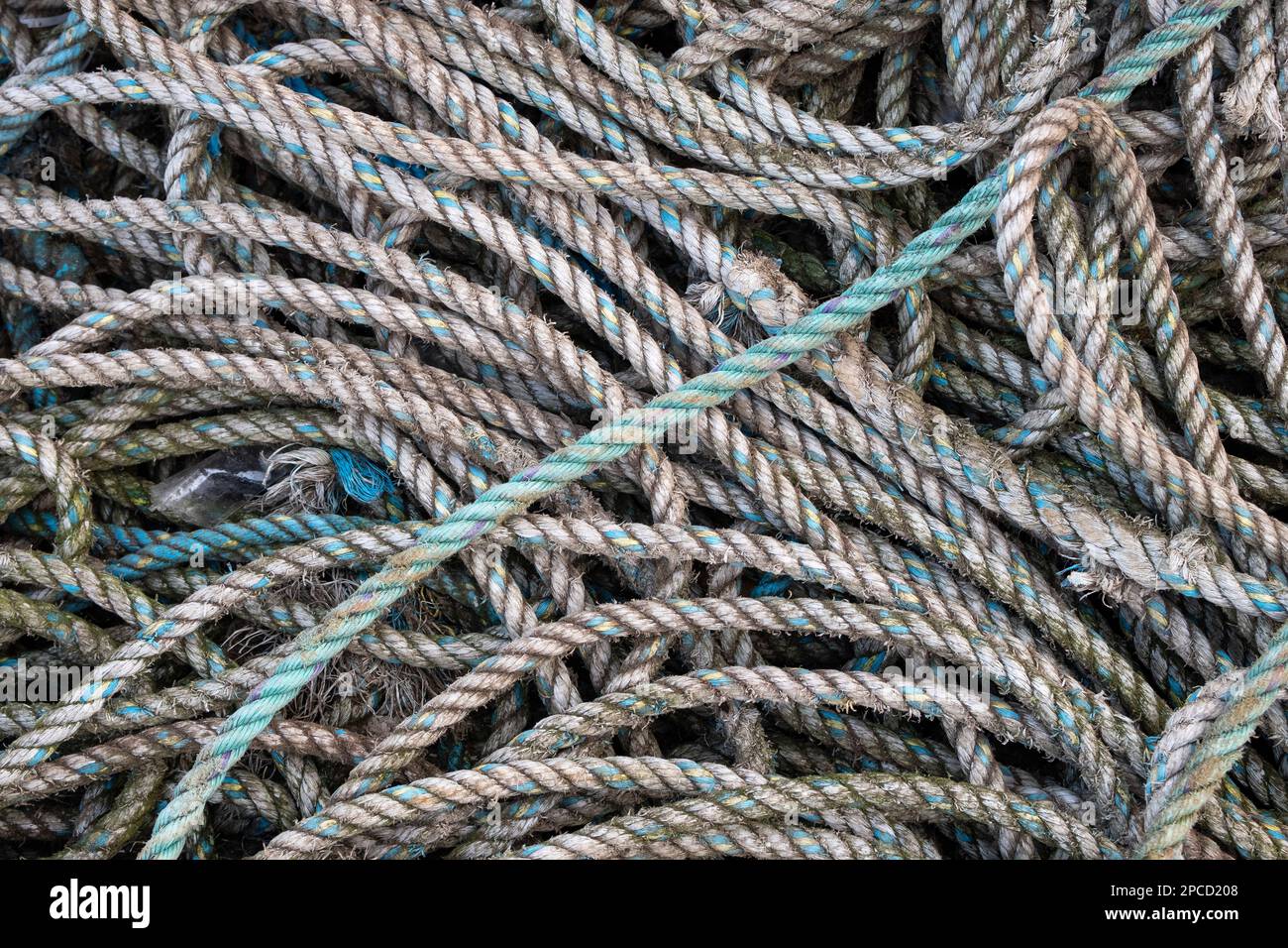 Vieille pile de cordes de pêche dans le port de Scarborough Banque D'Images