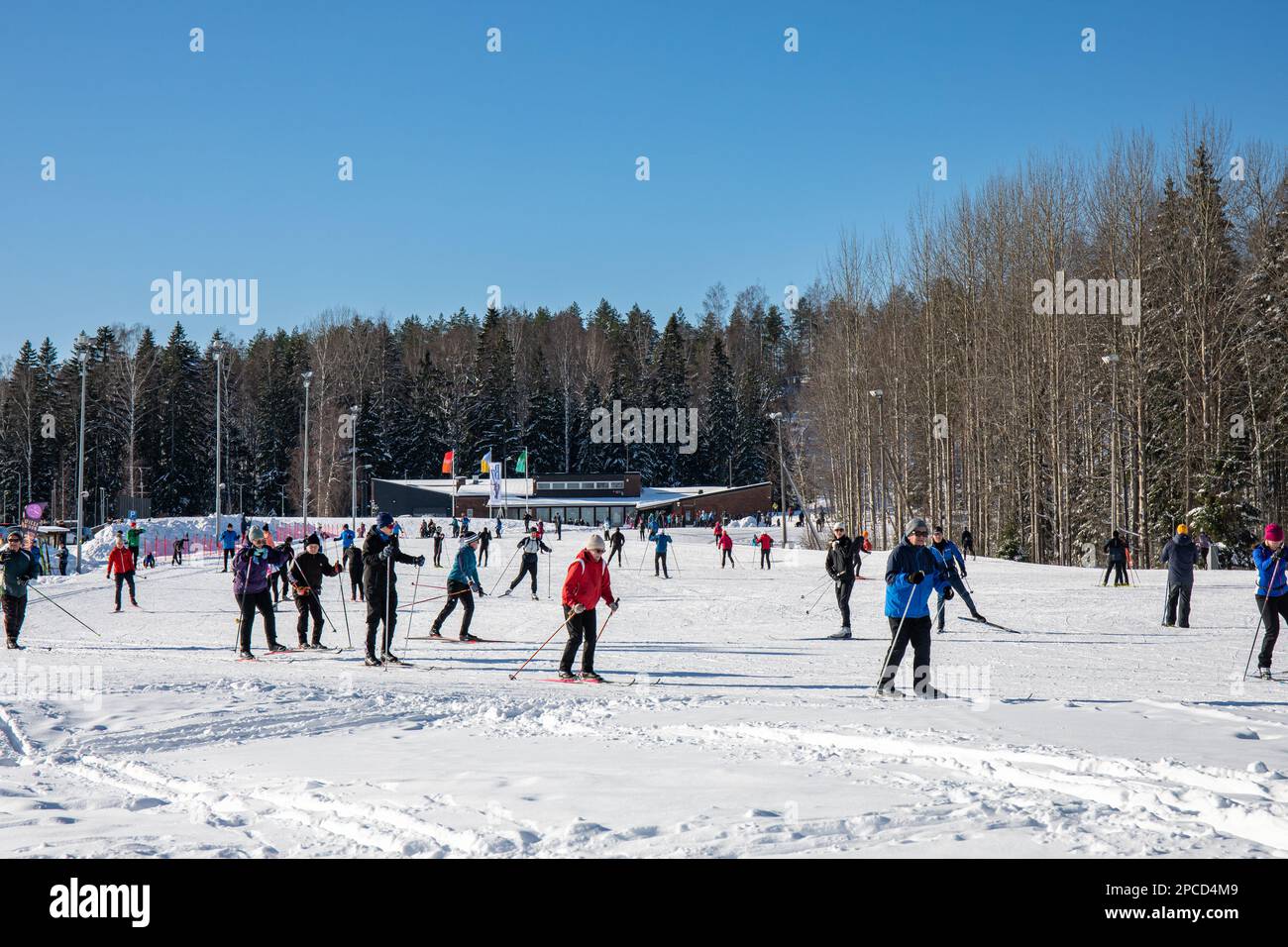 Ski de fond sur la piste de ski de Paloheinä lors d'une journée d'hiver ensoleillée à Helsinki, en Finlande Banque D'Images