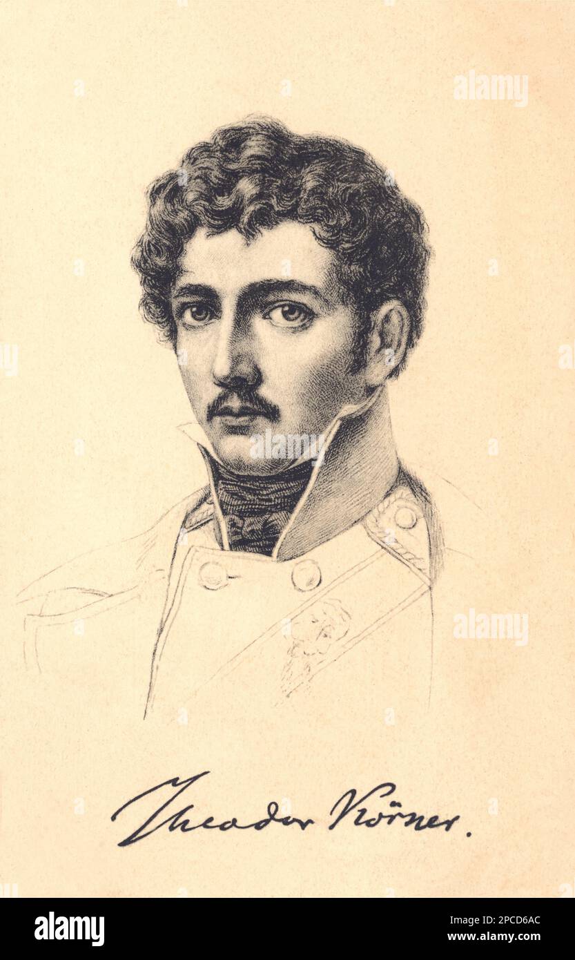 KARL THEODOR KORNER ( 1791 - 1813 ) était un poète et soldat allemand. Il était souvent appelé le « Tyrtaeus allemand ». - SCRITTORE - LETTERATURA - LITTÉRATURE - letterato - ALLEMAGNE - portrait - ritratto - ROMANTICISMO - POÈTE - POETA - POÉSIE - POÉSIE - moustache - bachigi - collier - Colletto - uniforme militaire - divisa uniforme militare ---- Archivio GBB Banque D'Images