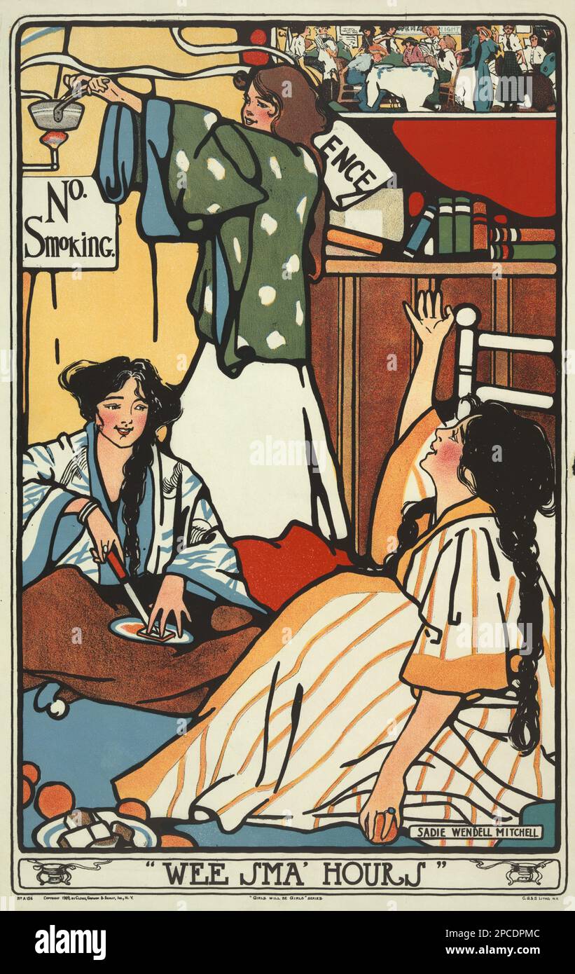 1909 , ÉTATS-UNIS : ' WEE SMA' HEURES '. Illustration de l'affiche de l'artiste peintre américaine SADIE WENDELL MITCHELL . Imprimé par Close, Graham, & Scully, Inc., New York . L'affiche montre trois jeunes femmes (probablement des étudiants d'université) socialisant. On cuisinera en utilisant une source de lumière pour la chaleur, directement au-dessus d'un panneau indiquant « pas de tabagisme ». Une partie de la série d'affiches filles de l'artiste. - LOCANDINA - MANIFESTE - ART NOUVEAU - ILLUSTRATEUR - ILLUSTRATORE - ILLUSTRAZIONE - COLLEGIO - COLLÉGIALI - ARTS - ARTE - MODE - MODA - EMANCICAZIONE FEMINILE - DONNA - FEMME - SUFFRAGISMO - SUFFRAGGIS Banque D'Images