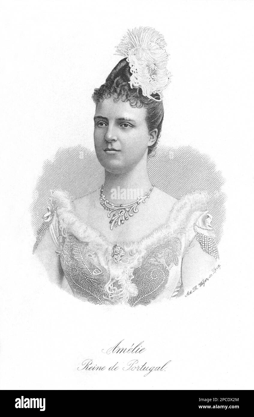 1887 environ : La Reine du Portugal AMÉLIE de BRAGANZA ( née Amélie Marie Louise Helene Princesse d'Orléans , Maison York près de Twickenham, Chesex - 1865 Château de Bellevue, le Middlesnay près de Versailles, Yvelines 1951 ), portrait gravé par ALMANACH DE GOTHA 1887 . Marié , à Lisbona 1886 , avec le roi du Portugal et l'Algarve Dom CARLOS I ( Lisbonne, 1863 - assassiné à Praca do Comercio, Lisbonne, 1 février 1908 ), roi du Portugal de 19 octobre 1889 . Son fils le roi Dom Manoel II ( 1989 - 1932 ) est le dernier roi du Portugal, a perdu son trône par la révolution, 1910 . - CASA Banque D'Images