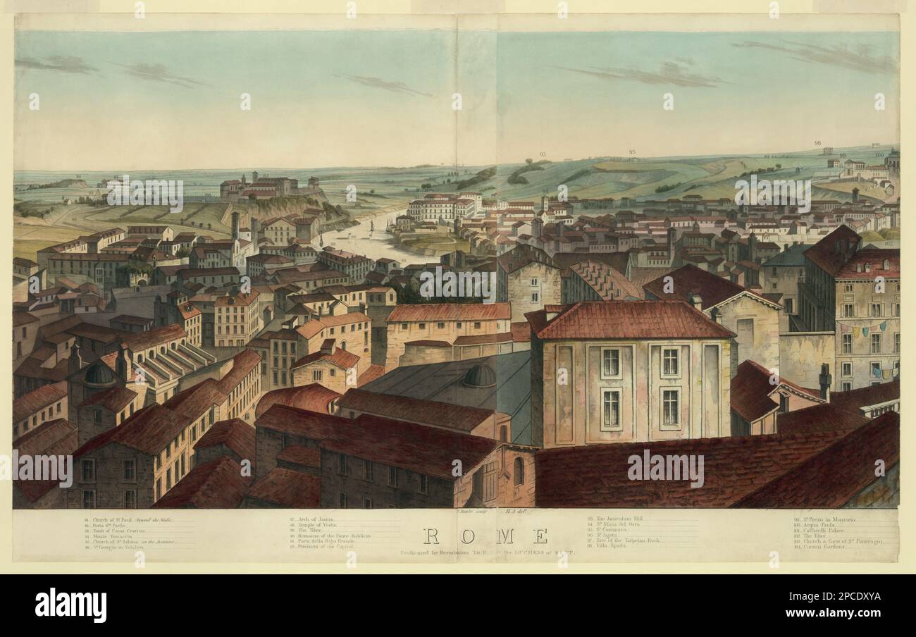 1860 environ , ROMA , ITALIE : vue de Rome, y compris la Chiesa di San Paolo Fuori le Mura , Porta San Paolo , Tomba di Caio Cestio ( Caius Cestius ), Monte Testaccio , Chiesa di Santa Sabina sull' Aventino , San Giorgio ( Giovanni ) à Velabre, arco di Giano ( Janus ), Tempio di Vesta , Fiume Tevere ( Tiber ), resti del Ponte Sublicio , Porta della Ripa Grande , Vicinanze del Campidoglio ( Capitole ), Collina del Gianicolo ( colline Janicule ), Santa Maria dell'Orto , San Cosimato ( Cosma ), Sant' Agata , Rupea Tarpea ( Tarpeaian Rock ), Villa Spada , San Pietro in Montorio , Acqua Paola , Palaz Banque D'Images