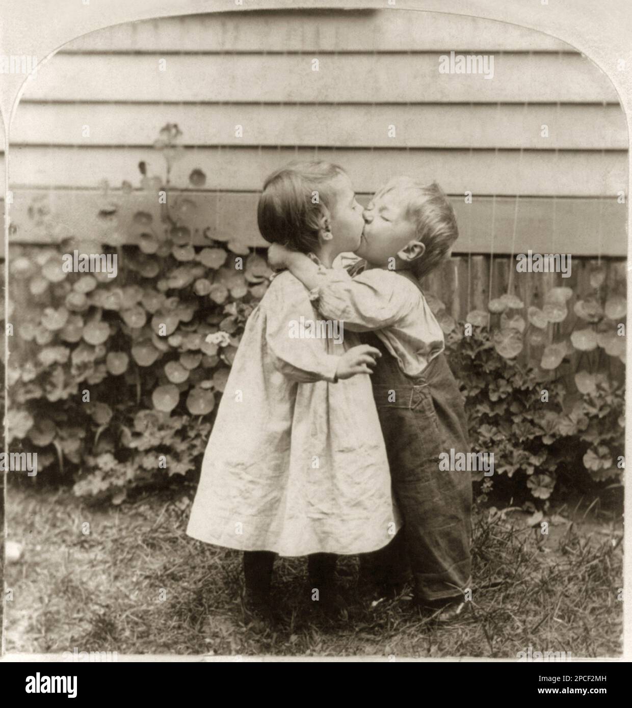 1898 , USA : ' elle obtient le penny, il obtient le baiser' . Deux petits enfants embrassant . Carte photo Stereograph de M.H. Zahner, Niagara Falls, New York - KISS - BACIO - SENTIMENTAL - SENTIMENTALE - ROMANTIQUE - ROMANTICO - FOTO STORICHE - PHOTOS D'HISTOIRE - - ENFANT - BAMBINA - BAMBINA - BAMBINO - BAMBINI - ENFANTS - BÉBÉ - ENFANT - INFANZIA - OTTOCENTO - 800 - MODE - MODA - JEANS - giardino - jardin - PORTRAIT - RITRATTO ---- Archivio GBB Banque D'Images
