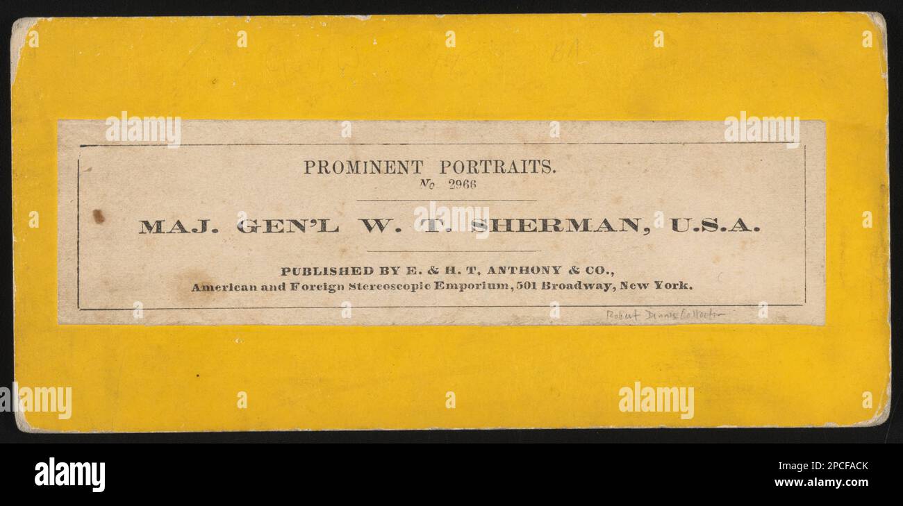 Maj. Gen'l W.T. Sherman, États-Unis / Publié par E. & H.T. Anthony & Co., Emporium stéréoscopique américain et étranger, 501 Broadway, New York. Collection de photos de la guerre civile de la famille Liljenquist , pp/papier liljpaper. Sherman, William T, (William Tecumseh), 1820-1891, Service militaire, Etats-Unis, Armée, peuple, 1860-1870, soldats, Union, 1860-1870, uniformes militaires, Union, 1860-1870, États-Unis, Histoire, Guerre civile, 1861-1865, personnel militaire, Union. Banque D'Images