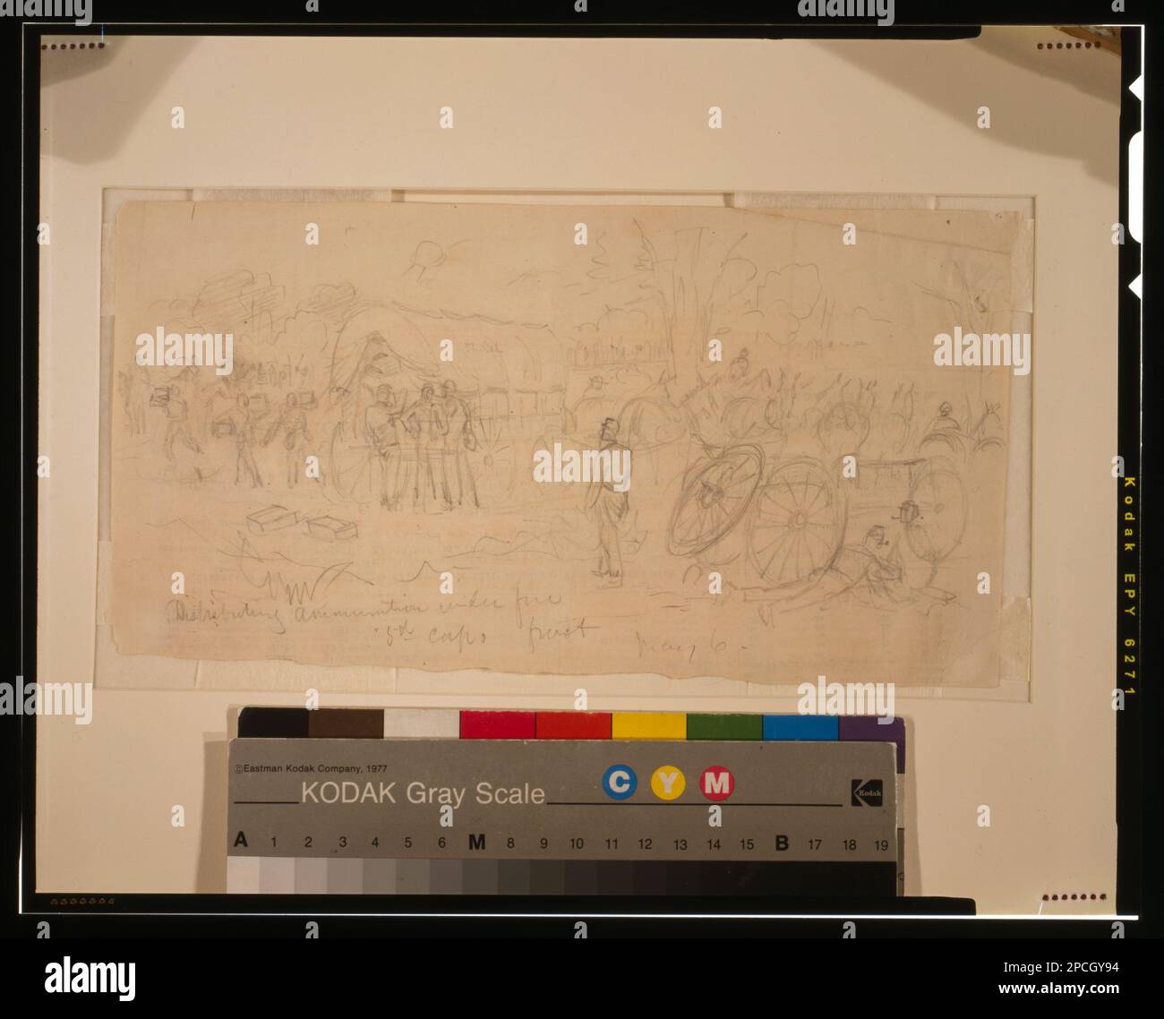 Distribution de munitions sous feu. 5th corps avant 6 mai. Morgan collection de dessins de la guerre civile. Nature sauvage, bataille de la, va, 1864, chariots et wagons, 1860-1870, Soldiers, Union, 1860-1870, États-Unis, Histoire, Guerre de Sécession, 1861-1865, Equipement et fournitures, États-Unis, Histoire, Guerre civile, 1861-1865, Campaigns & Battles, États-Unis, Virginia, Wilderness , V corps. Banque D'Images