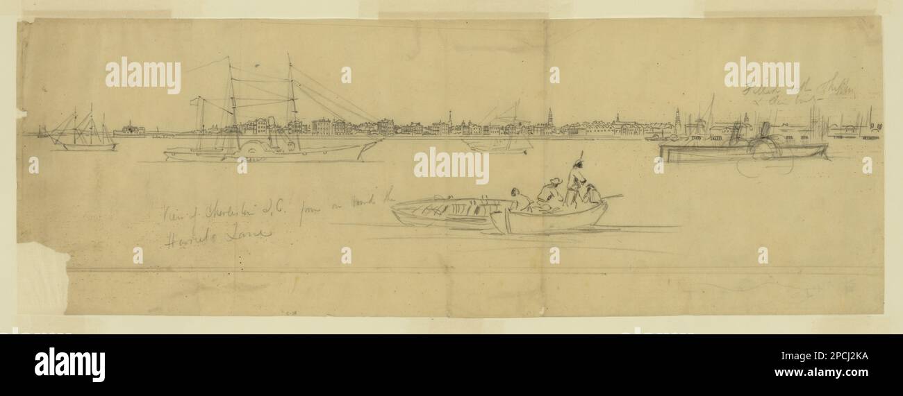 Vue sur Charleston Caroline du Sud à bord de Harriet Lane. Morgan collection de dessins de la guerre civile. Harriet Lane (navire à vapeur), 1860-1870, Seamen, 1860-1870, navires, 1860-1870, États-Unis, Histoire, Guerre civile, 1861-1865, Transport, États-Unis, Caroline du Sud, Charleston Banque D'Images