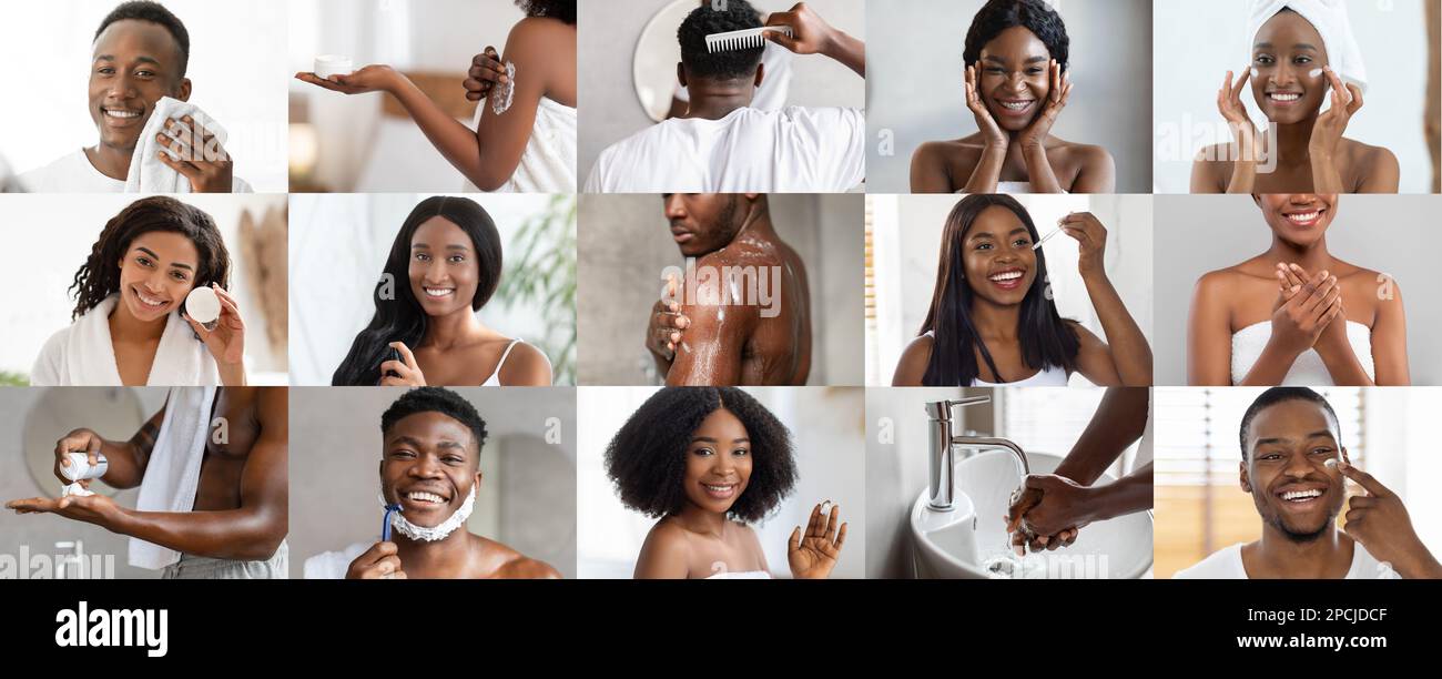 Souriant jeunes afro-américains hommes et femmes appliquer la crème, l'huile, le rasage, peignant les cheveux, profiter des soins spa à la maison Banque D'Images