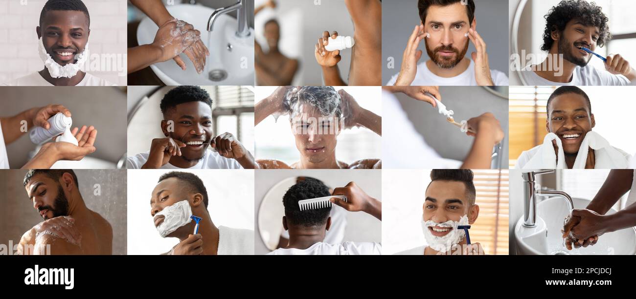 Les jeunes hommes multiraciaux heureux se brossent les dents, prennent une douche, peignent les cheveux, aiment les routines quotidiennes, se raser à la maison Banque D'Images