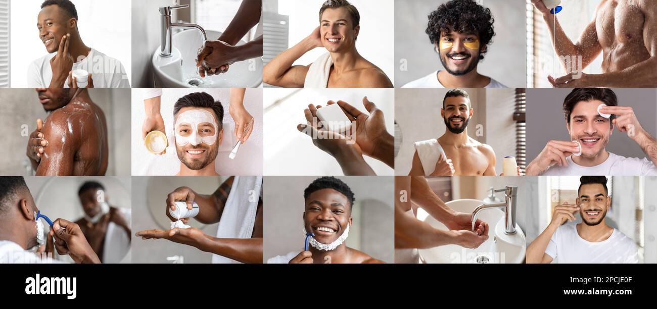 Sourire millénaires différents hommes se raser, prendre une douche, appliquer la crème et le masque sur la peau, profiter des soins spa Banque D'Images