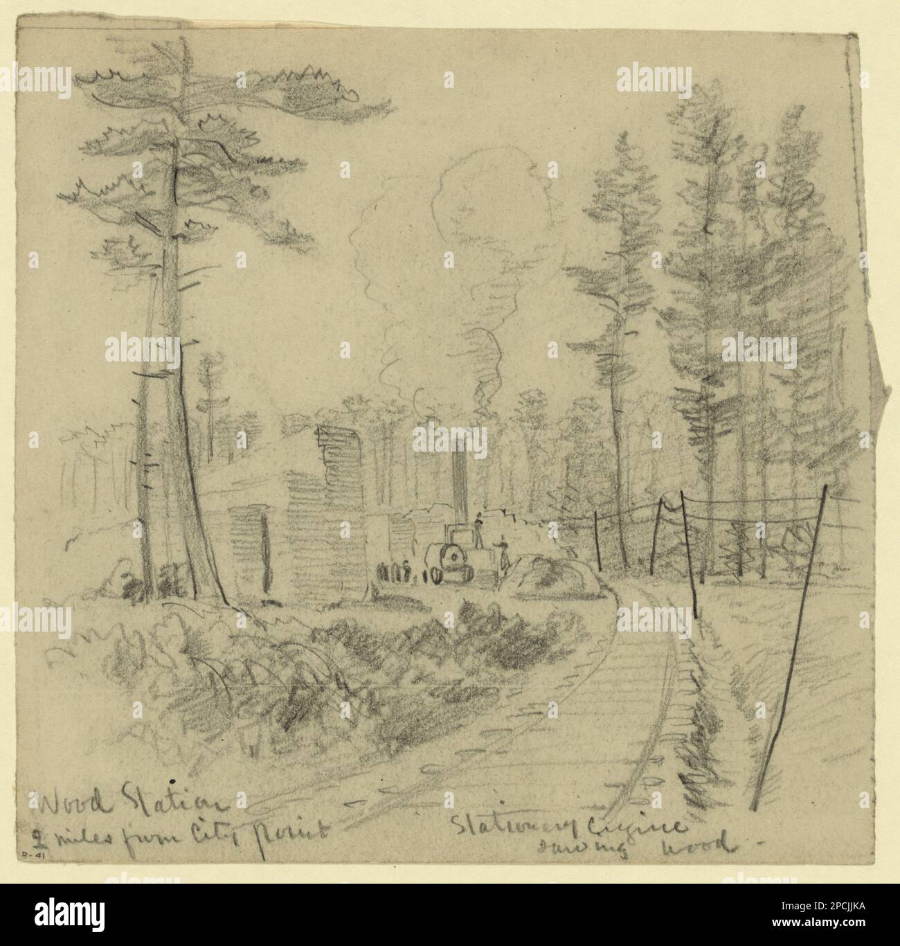 Station Wood. 2 km de City point. Moteur fixe, sciage de bois. Morgan collection de dessins de la guerre civile. Wooding stations, 1860-1870, Railroad facilities, 1860-1870, États-Unis, Histoire, Guerre de Sécession, 1861-1865, Equipement et fournitures, États-Unis, Virginia, City point Banque D'Images