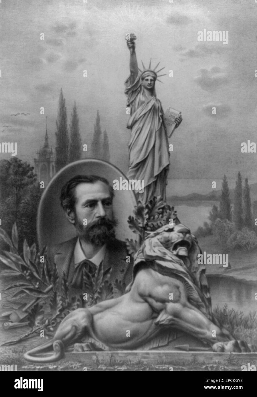 1900 CA, New York , Etats-Unis : l'architecte et sculpteur français FRÉDÉRIC AUGUSTE BARTHOLDI ( 1834 - 1904 ), portrait allégorique avec panorama alsacien , la Statue de la liberté et le Lion . Batholdi était l'auteur de la Statue de la liberté dans le port de New York . Frédéric Auguste Bartholdi était un sculpteur français qui étudiait à l'origine la peinture sous la direction d'Ari Scheffer. Ses principales écueils incluent 'Switzerland Succoring Strabourg', à Bâle, en Suisse, des statues à Colmar, à Clermont-Ferrand, À Belfort, à Paris, et à Union Square à New York. Il aurait été un Freemason. La face de t Banque D'Images