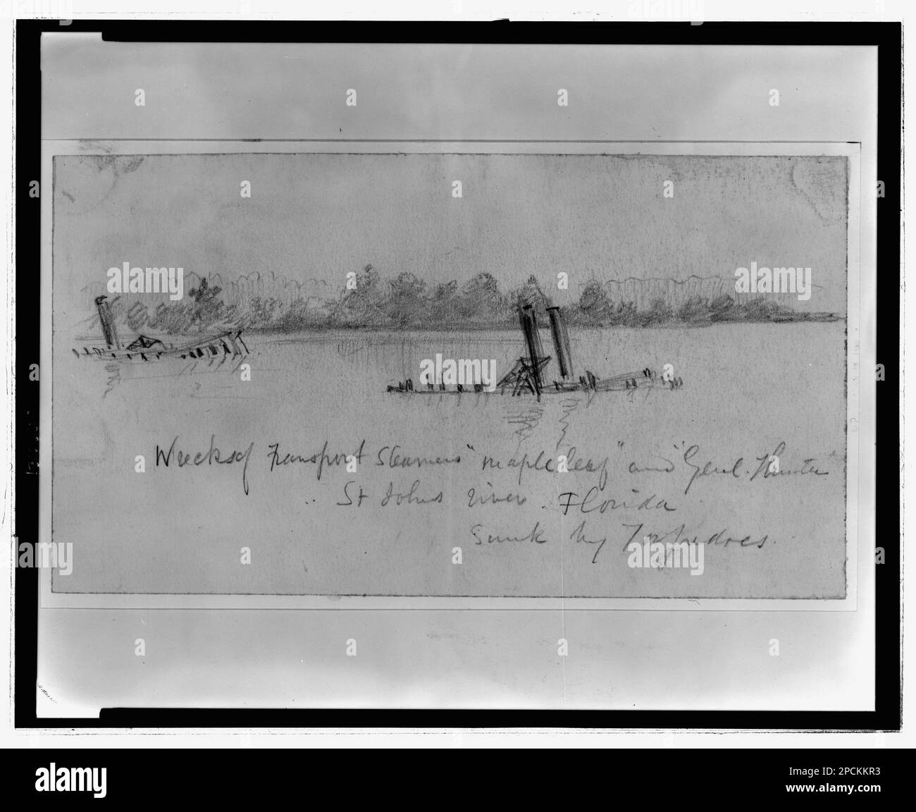 Épave de transport Steamers 'feuille de maple' et 'Genl. Hunter'. St. Rivière Johns. La Floride, coulé par des torpilles. Morgan collection de dessins de la guerre civile. Maple Leaf (bateau à vapeur), 1860-1870, General Hunter (bateau à vapeur), 1860-1870, navires, 1860-1870, Shipwrecks, 1860-1870, États-Unis, History, Guerre civile, 1861-1865, opérations navales, États-Unis, Histoire, Guerre civile, 1861-1865, destruction & pillage, États-Unis, Floride, St. John's River Banque D'Images