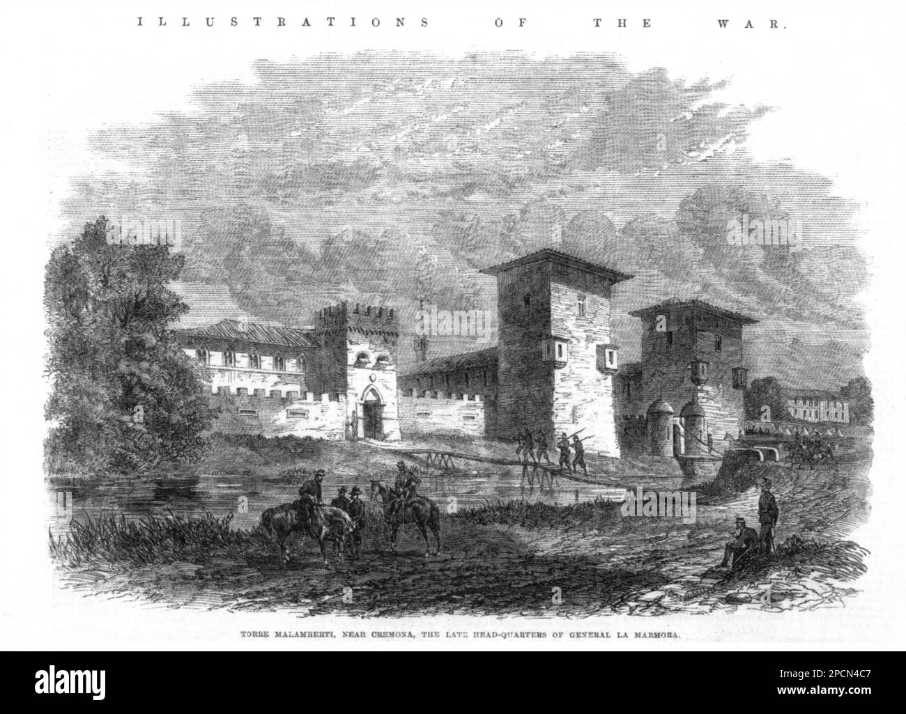 1860 CA , Torre de Picenardi , CREMONA , ITALIE : le château du marché italien SOMMI PICENARDI ( ex Torre Malamberti ) près de Cremona quand était le dernier quartier général de la MARMORA . Illustration de la gravure du magazine britannique ILLUSTRATION DE LA GUERRE - GUERRA d'INDIPENDENZA dall'AUSTRIA - nobiltà italiana - noblesse - Marquis - incisione - illustrazione - castello - tour ----- Archivio GBB Banque D'Images