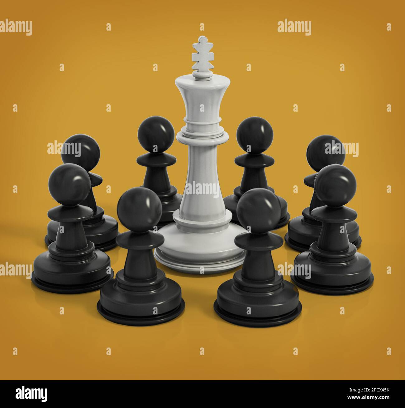 Roi blanc d'échecs entouré de pions noirs. 3D illustration. Banque D'Images
