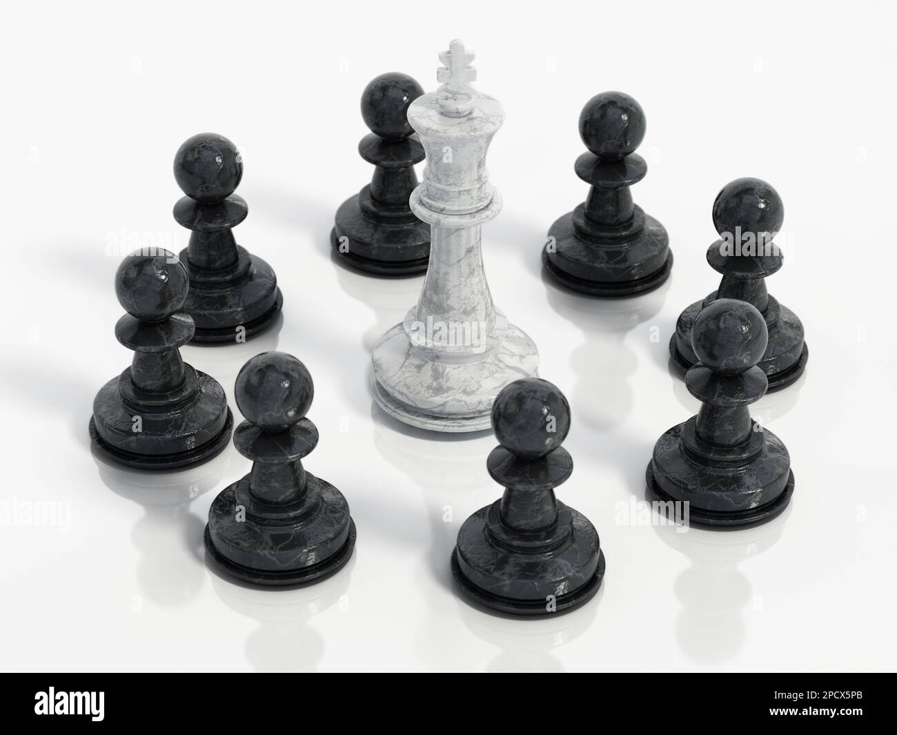 Roi blanc d'échecs entouré de pions noirs. 3D illustration. Banque D'Images