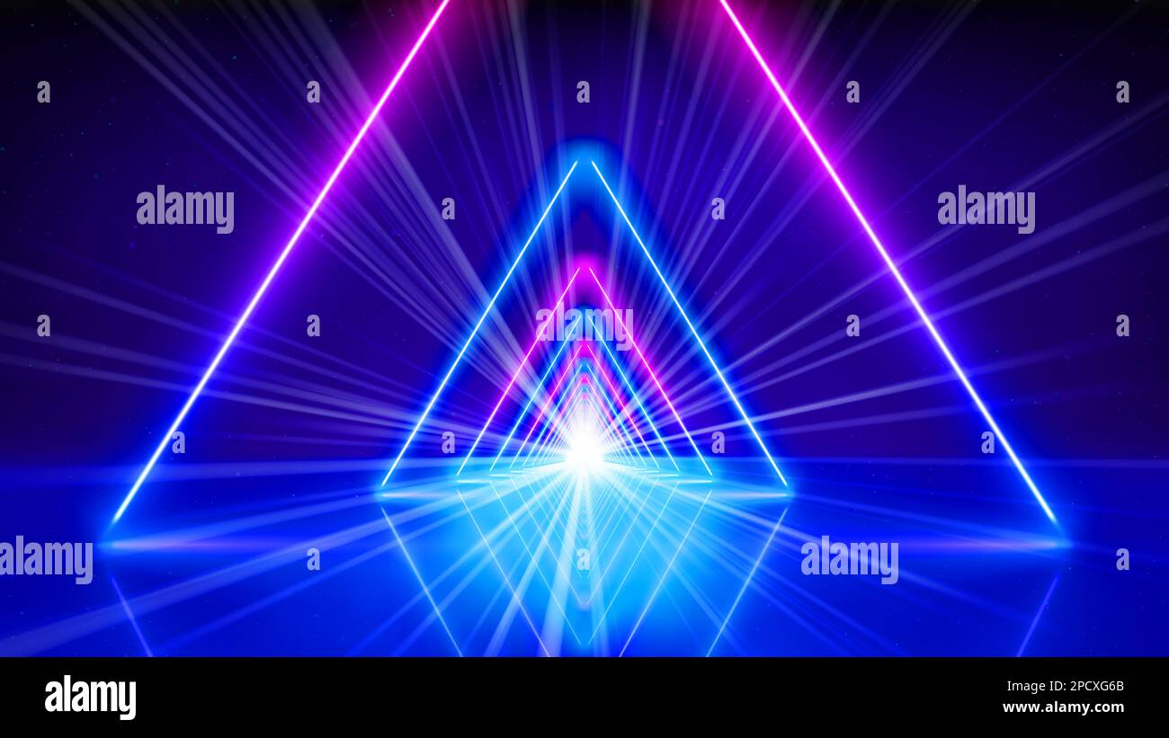 Lignes de néon luminescentes, tunnel, arrière-plan technologique abstrait, réalité virtuelle. Rose bleu violet néons couloir triangulaire, perspective. UV br Banque D'Images