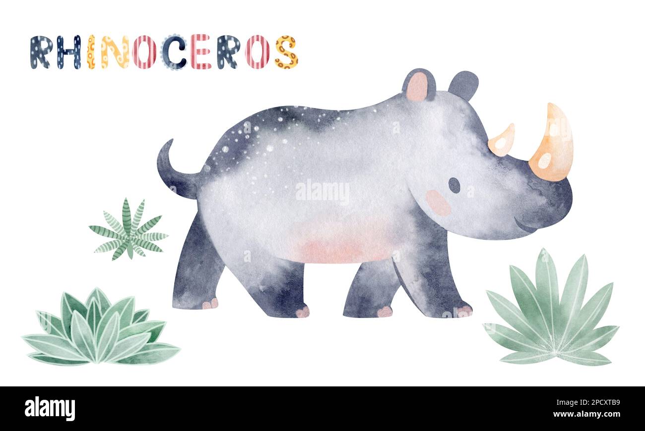 Illustration aquarelle d'un rhinocéros. Illustration d'un animal pour enfants. Carte d'apprentissage. Banque D'Images