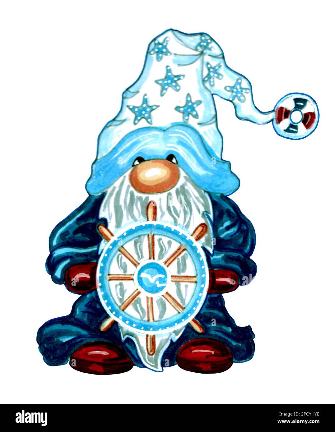 GNOME avec un volant dans ses mains dans un imperméable bleu foncé et un chapeau avec des étoiles de mer. Illustration JPEG. Banque D'Images