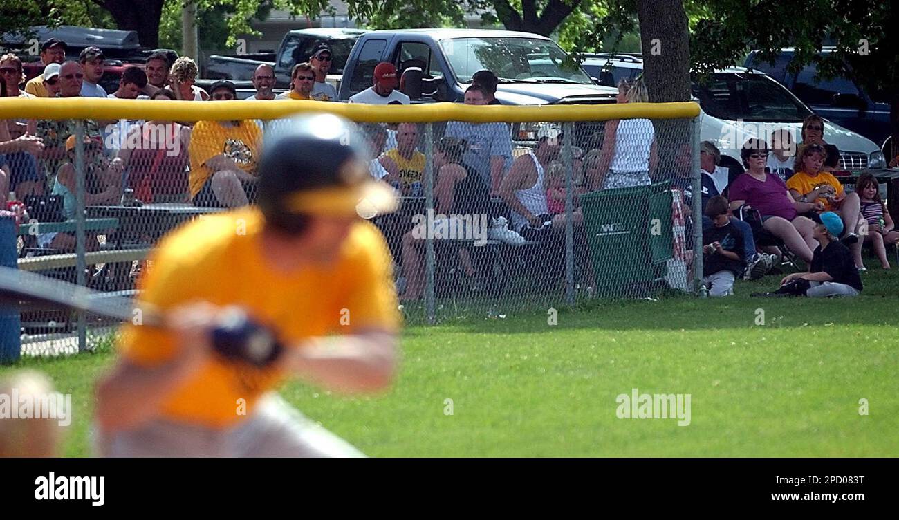 ** ADVANCE FOR THE WEEKEND EDITIONS, June 10-11 AND THEREAFTER ** Hanska Bullheads fans watch in comfort from a tree-shaded picnic area along the third-base line at Hanlin Field during a baseball game May 29, 2006, in Hanska, Minn. The Brown County town is bullish on baseball. It fields two teams: the young-buck Hanska Lakers of the Tomahawk League, and the Bullheads of the River Valley League for players 35 and older. (AP Photo/The Mankato Free Press, Samantha Severson) Banque D'Images