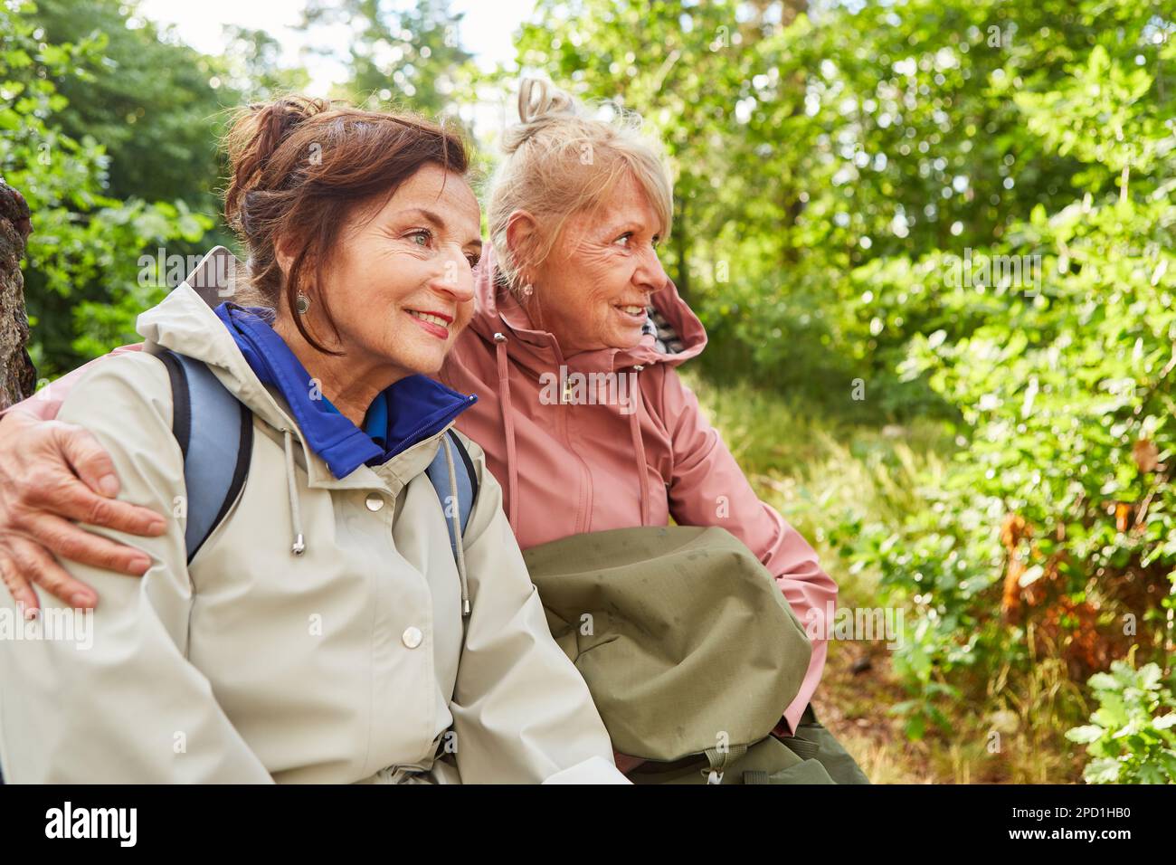 Femme aînée souriante assise avec une amie en forêt pendant les vacances Banque D'Images Femme aînée souriante assise avec une amie en forêt pendant les vacances Banque D'Images