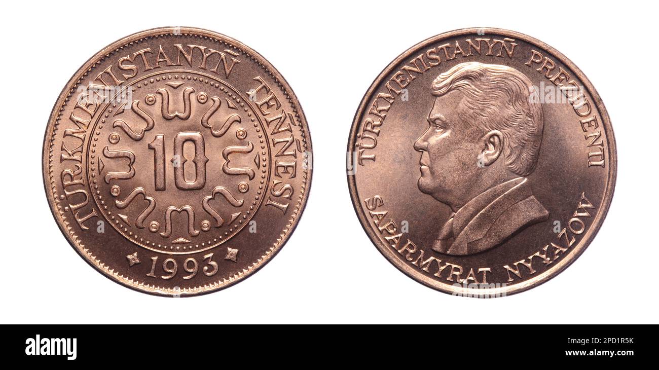 L'inverse et l'inverse de 1993 dix pièce de monnaie en acier plaqué de cuivre Tenne du turkménistan isolée sur fond blanc Banque D'Images