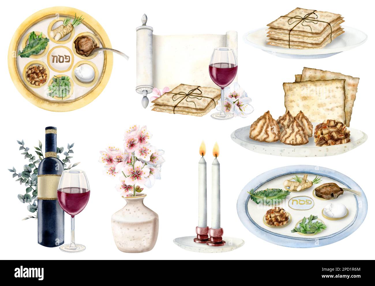 Ensemble d'illustrations aquarelle pour la Pâque. Cuisine juive de pesach et décorations de seder avec matzah, volute de Haggadat, vin, eucalyptus, assiettes Banque D'Images