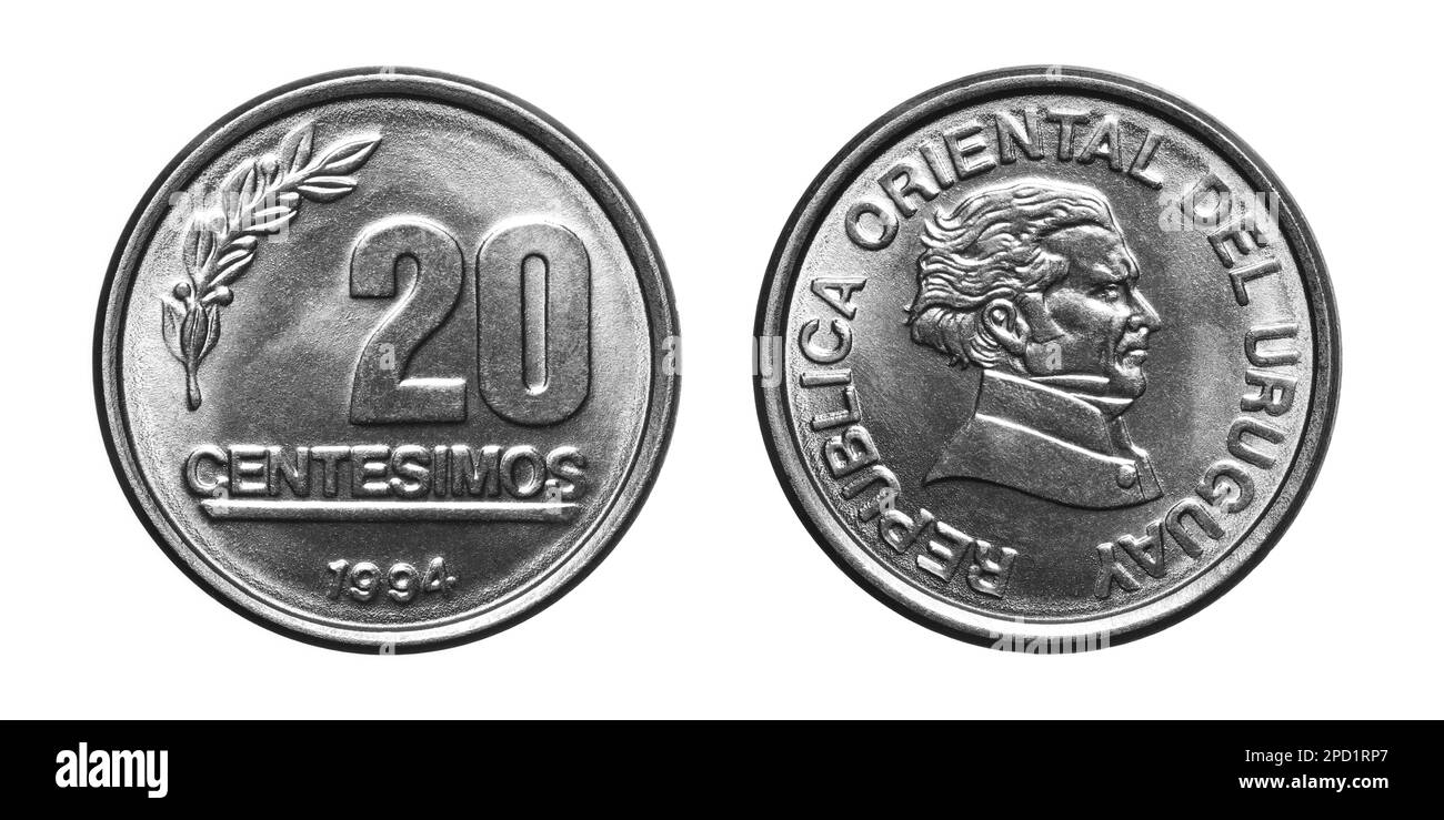 Inverse et inverse de 1994 vingt centimesimos en acier inoxydable uruguay pièce isolée sur fond blanc Banque D'Images