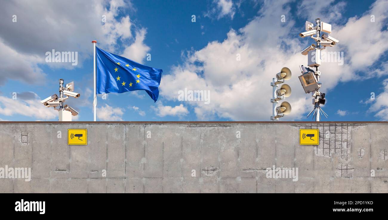 Image conceptuelle d'un mur de sécurité aux frontières européennes avec drapeau de l'UE et caméras de surveillance Banque D'Images