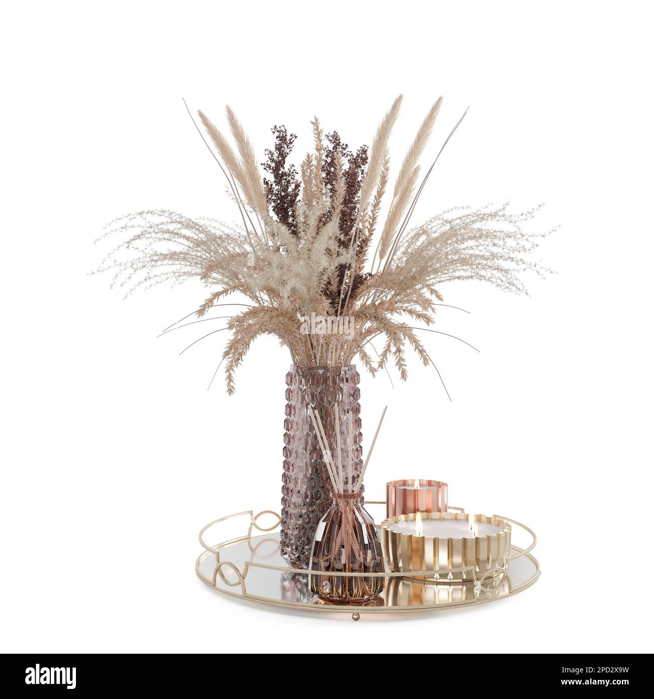 un vase brun avec fleurs sèches et bougie, 3d rendu Banque D'Images