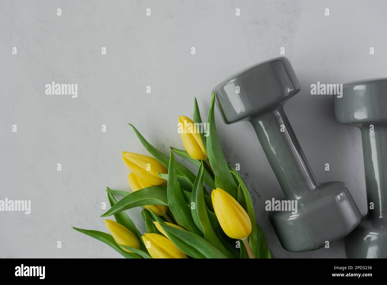 Des haltères de gym et des fleurs de tulipes en cadeau pour la fête des femmes, la fête des mères ou l'anniversaire. Entraînement physique sain, entraînement sportif plat avec espace de copie. Banque D'Images