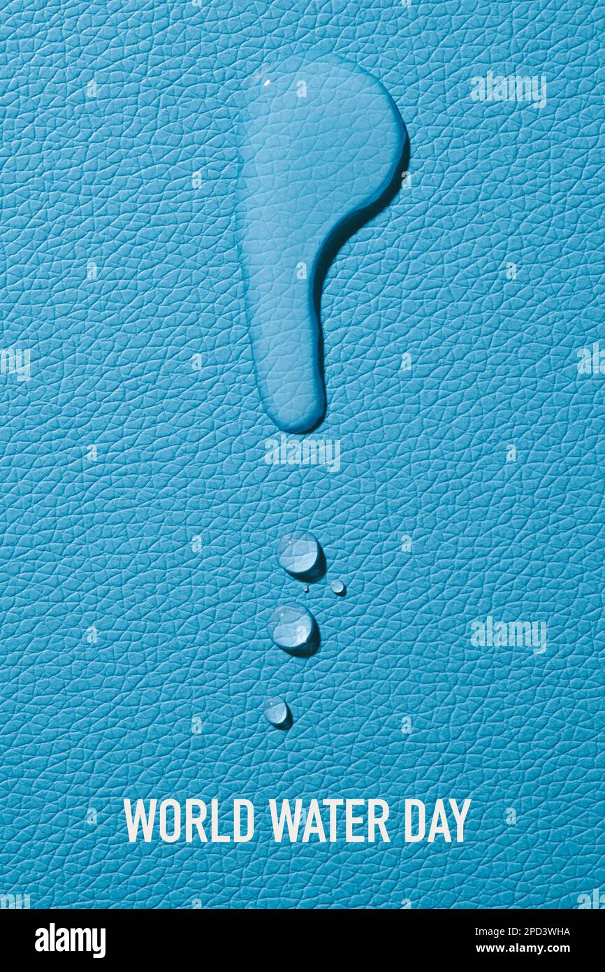 vue en grand angle de quelques gouttes d'eau sur une surface texturée bleue et le texte journée mondiale de l'eau Banque D'Images