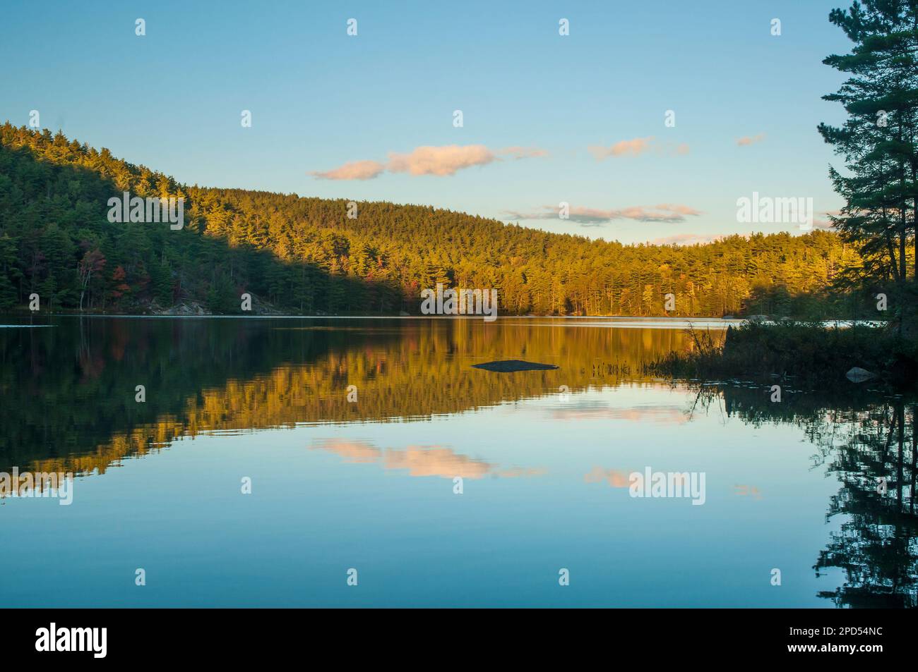 Coucher de soleil à Rock Pond, région sauvage du lac Pharaoh, réserve forestière d'Adirondack, New York Banque D'Images