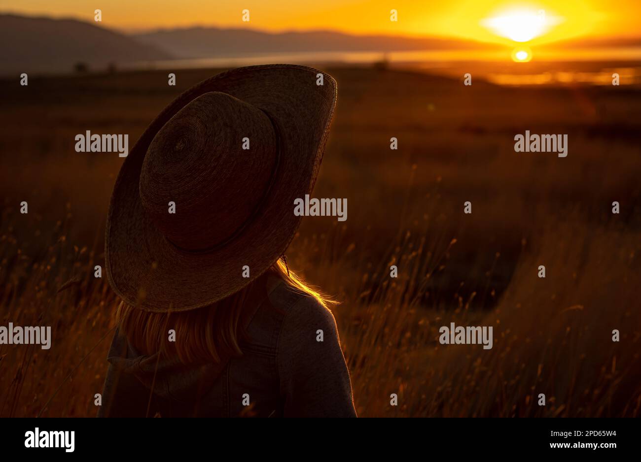 Arrière d'une petite fille qui porte un chapeau de cow-boy de paille et se tient dans un champ de blé et regarde le coucher de soleil de couleur or Banque D'Images