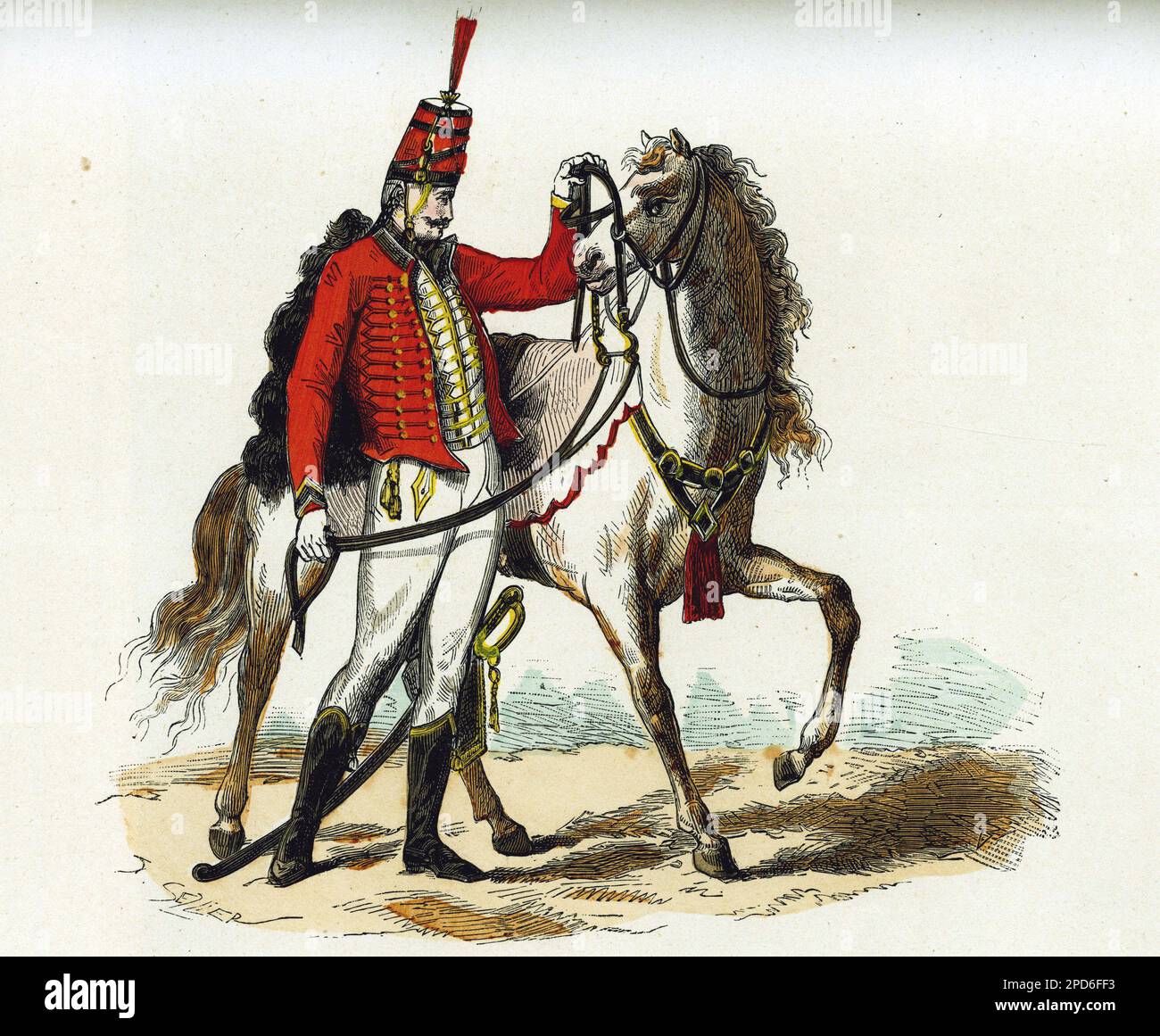 Costume de hussard avec son cheval. Gravure en couleurs d'apres un dessin de C.Vernet, dans 'la France et les Français a travers les siecless' par Augustin Challamel,Paris 1882. Banque D'Images