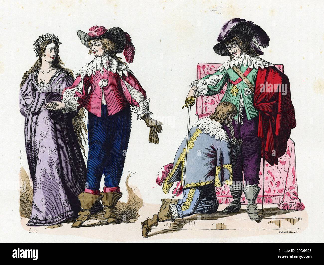 Costume de gentilhomme conduite une mariee de campagne, en 1636 et portrait du roi Louis XIII ( 1601-1643), creant un chevalier du Saint Esprit, en 1633. Gravure en couleurs, dans 'la France et les francais a travers les siecless' par Augustin Challamel,Paris 1882. Banque D'Images