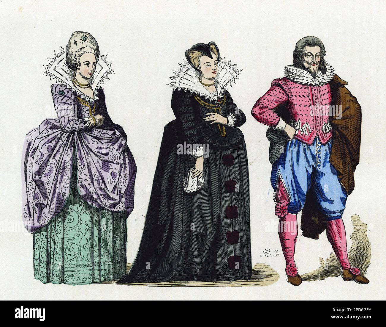 Portrait de Marie de Médicis ( 1573-1642), reine de France, en habitude de veuve, entrée d'une dame de la cour et d'un gentilhomme, vers 1620. Gravure en couleurs, dans 'la France et les francais a travers les siecless' par Augustin Challamel,Paris 1882. Banque D'Images