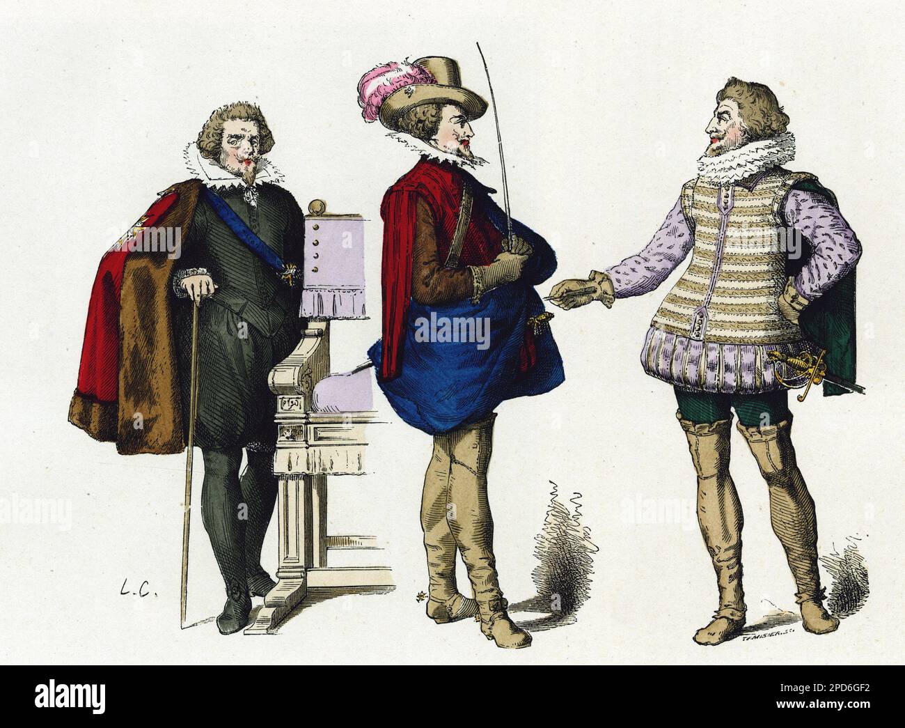 Portraits du maréchal de Souvre (mort en 1626), de Roger de Saint Lary, duc de Bellegarde (1562-1646), grand écuriste de France et d'Antoine de Pluvinel (1556-1605), maître d'éitation de Louis XIII (1610-1643). Gravure en couleurs, dans 'la France et les francais a travers les siecless' par Augustin Challamel,Paris 1882. Banque D'Images