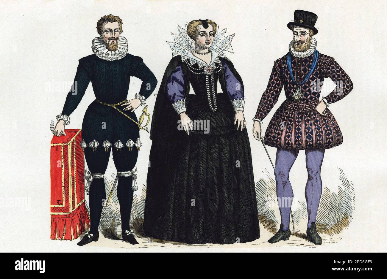 Portraits avant 1600, d'Antoine de Saint Chamand, seigneur de Mery sur Oise, et du roi de France Henri IV ( 1553-1610), fourré une femme inconnue. Gravure en couleurs d'après le dessin de Gainières, dans 'la France et les francais a travers les siecless' par Augustin Challamel,Paris 1882. Banque D'Images