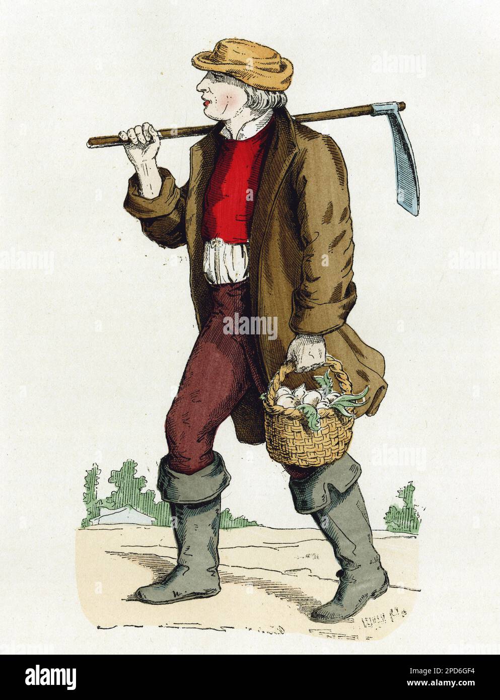 Costume de paysan laboratoire du XVIème au XVIIIème siecle. Gravure en couleurs d'apres un dessin de Chevignard, dans 'la France et les Français a travers les siecless' par Augustin Challamel,Paris 1882. Banque D'Images