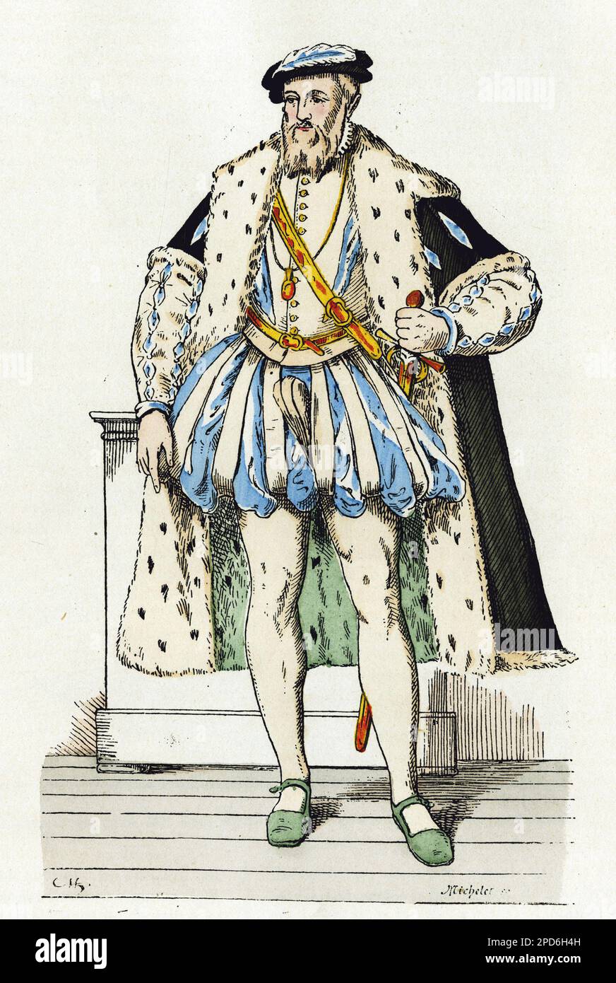 Portrait de François Ier de Lorraine (1519-1563), duc de guise et duc d'Aumale, paire de France, compagnon d'enfance du roi Henri II (1519-1559), il est un chef militaire de renom et s'il comme chef des catholiques durant les guérires de religion. Gravure en couleurs, dans 'la France et les francais a travers les siecless' par Augustin Challamel,Paris 1882. Banque D'Images