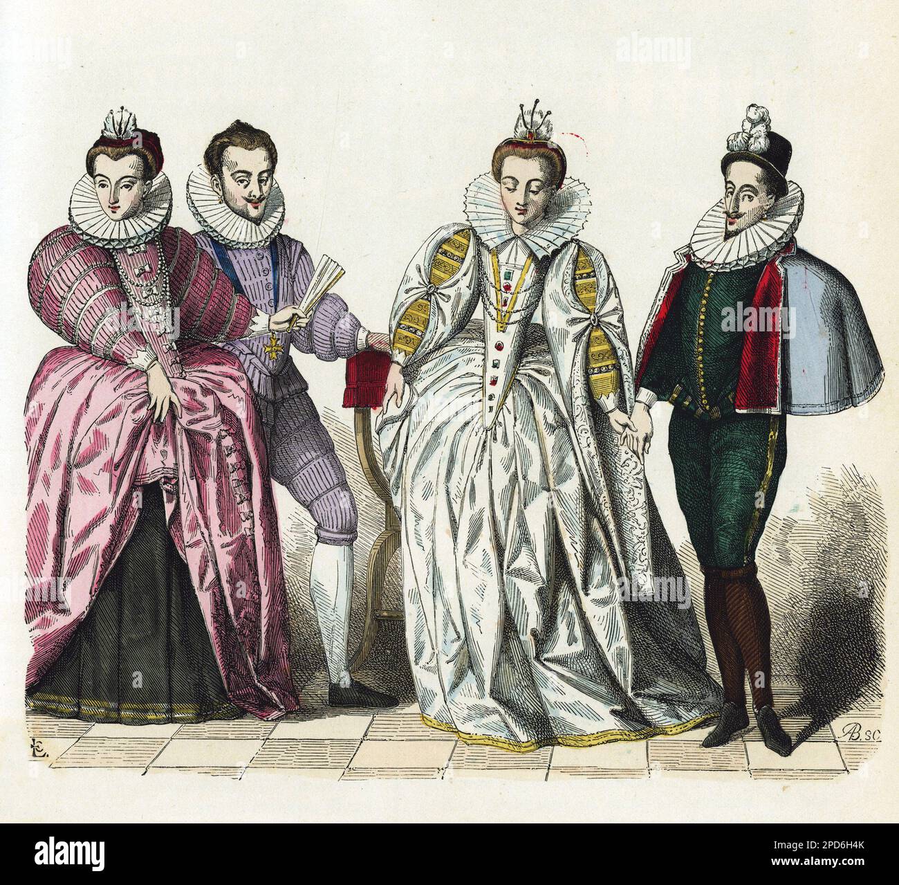 Portraits en 1581, de Louise de Vaudemont (1553-1601), reine de France, maison d'Henri III (1551-1589), du troisième duc de guise, Henri Ier, dit le Balafre ( 1549-1588), de Marguerite de Lorraine ( 1564-1625) fille du comte de Vaudemont ( Nicolas de Mercoeur, 1524-1577) Et Eposure d'Anne de Batarnay de Joyeuse ( 1560-1587), gravure en couleurs d'apres un dessin de Chevignard, dans 'la France et les Français a travers les siecles' par Augustin Challamel,Paris 1882. Collection . Banque D'Images