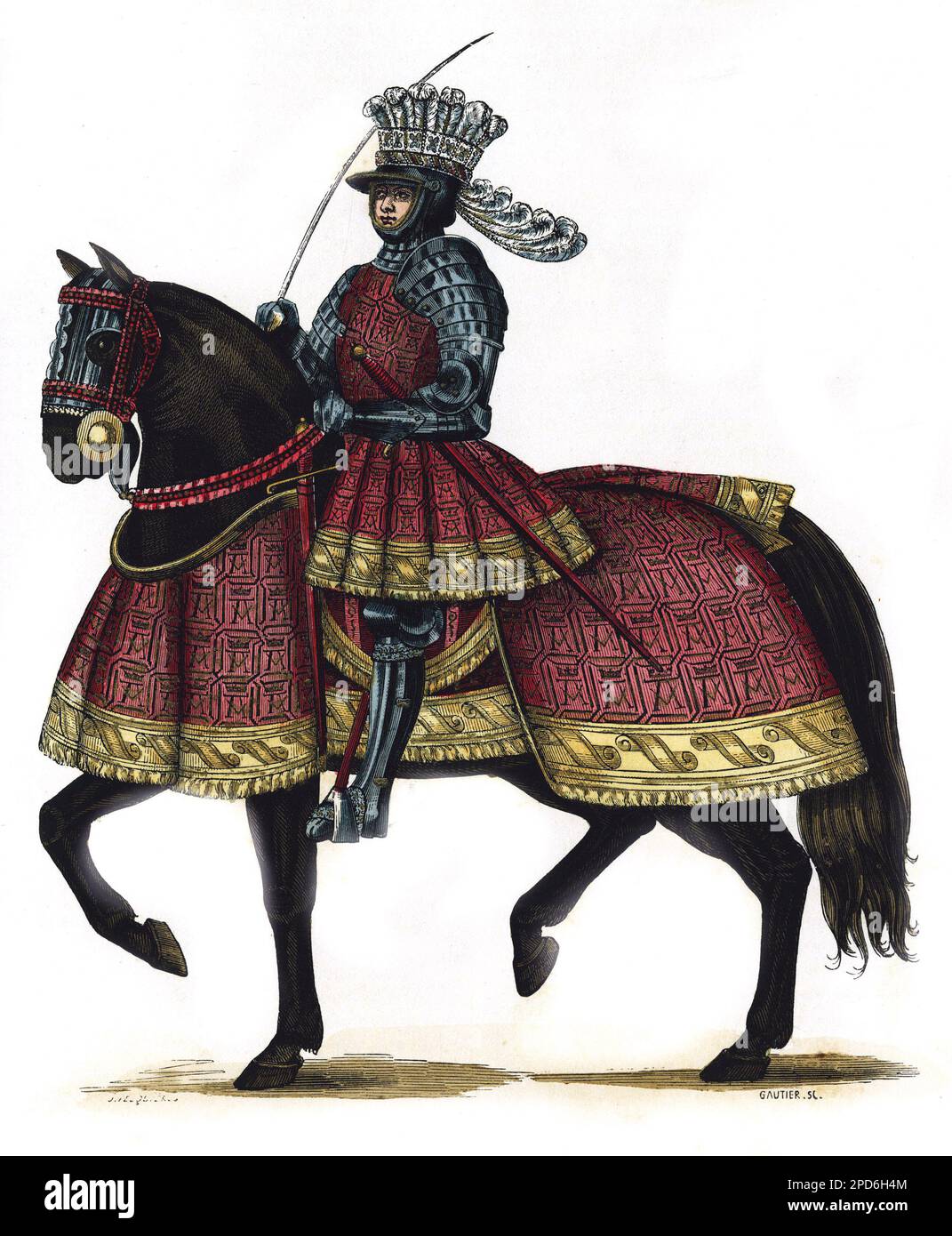 Portrait de Louis XII roi de France ( 1462-1515), fait son entree a gènes, le 26 aout 1502. Gravure en couleurs d'apres une miniature manucite de la bibliothèque nationale (1515), dans 'la France et les Français a travers les siecles' par Augustin Challamel,Paris 1882. Banque D'Images