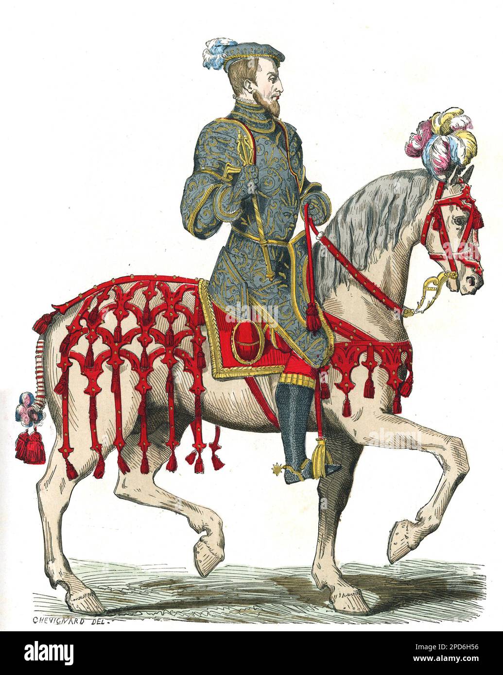 Portrait de Henri II ( 1519-1559) roi de France a partir de 1547, en costume de chevau léger de la garde. Gravure en couleurs d'après les antiiquites de Wilhem, dans 'la France et les Français a travers les siecless' par Augustin Challamel,Paris 1882. Banque D'Images