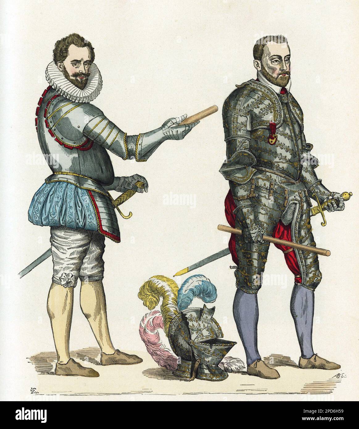 Portraits de Henri Ier de guise, dit le Balafre ( 1549-1588) en habitude de général d'infanterie en 1580 et de François de Montmorency ( 1530-1579), maréchal de France vers 1576. Gravure en couleurs, dans 'la France et les francais a travers les siecless' par Augustin Challamel,Paris 1882. Collection . Banque D'Images