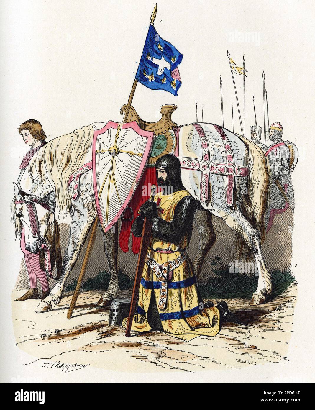 Chevalier banneret ( titre nobiliaire qui donne le droit de porter une banniere) avant le départ de la seconde croisade (1147-1149). Gravure en couleurs, dans 'la France et les francais a travers les siecless' par Augustin Challamel,Paris 1882. Banque D'Images