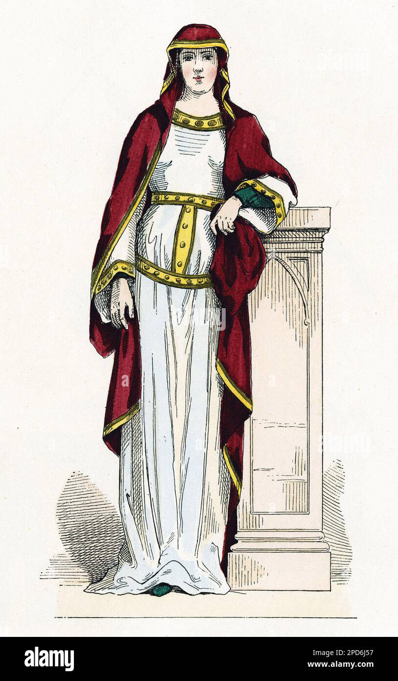 Costume de reine carolingienne, du 7 eme au 10eme siecle, la chevelure cachee par un voile qui fait office de manteau, sans supprimer la chlamyde pourpre, extérieur sur la poiterrine, une trèfle unique longue brode l'encolure et aux extremites des manches, séree a la taille par une céinture d'or. Gravure en couleurs d'après les sculptures de la cathédrale de Chartres, dans 'la France et les Français a travers les siecless' par Augustin Challamel,Paris 1882. Banque D'Images