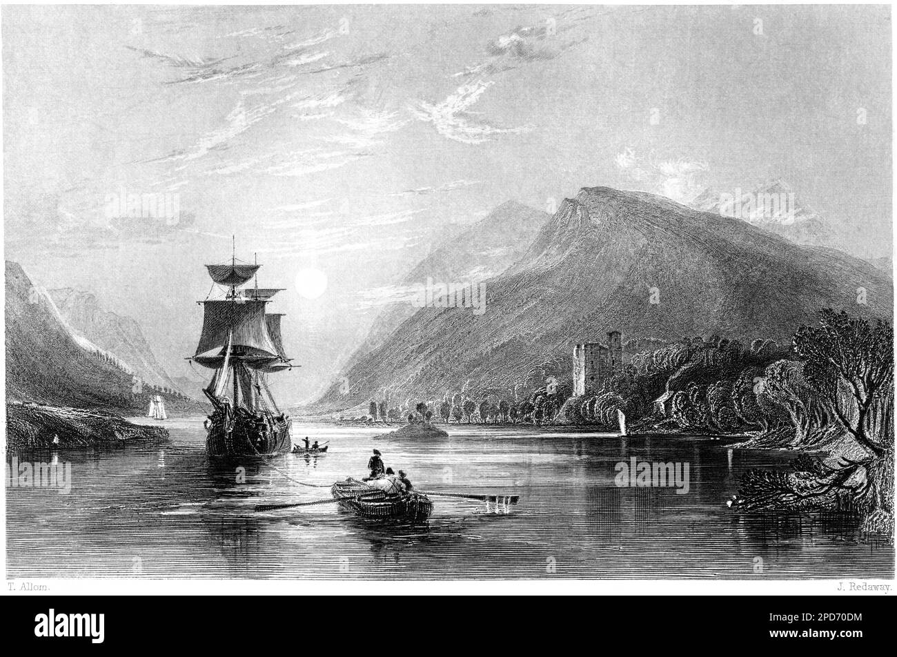 Une gravure du Loch Oich avec le château d'Invergarry, à Invernesshire, en Écosse, au Royaume-Uni, a été numérisée à haute résolution à partir d'un livre imprimé en 1840. Banque D'Images