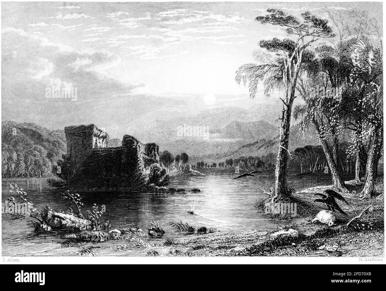 Une gravure de Loch-an-Eilan (Loch an Eilein), Invernesshire, Écosse Royaume-Uni, numérisée à haute résolution à partir d'un livre imprimé en 1840. Banque D'Images